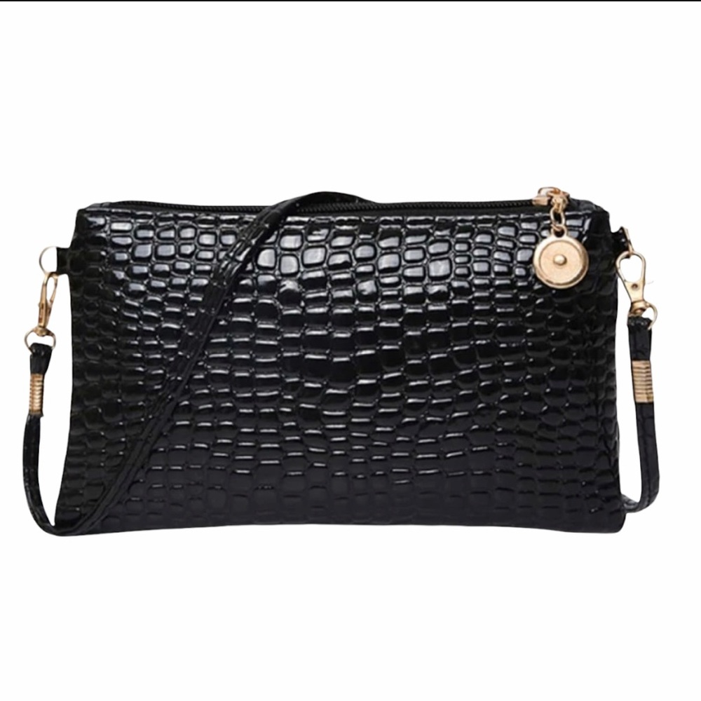 New Black & Gold Vegan Leather Croc Embossed Crossbody Bag - Picture 2 of 16